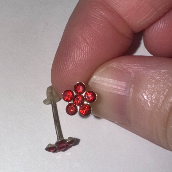 7mm Red Flower Cz And Sterling Post Earrings - Picture 9 of 12